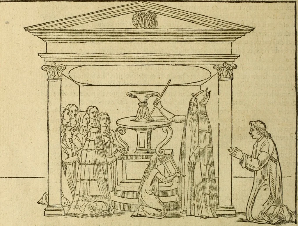 An illustration from Le tableav des riches inventions couuertes de voile des feintes amoureuses, qui sont representees dans le Songe de Poliphile, desvoilees des ombres d Songe & subtilement exposees par Beroalde, 1600, leaf 195