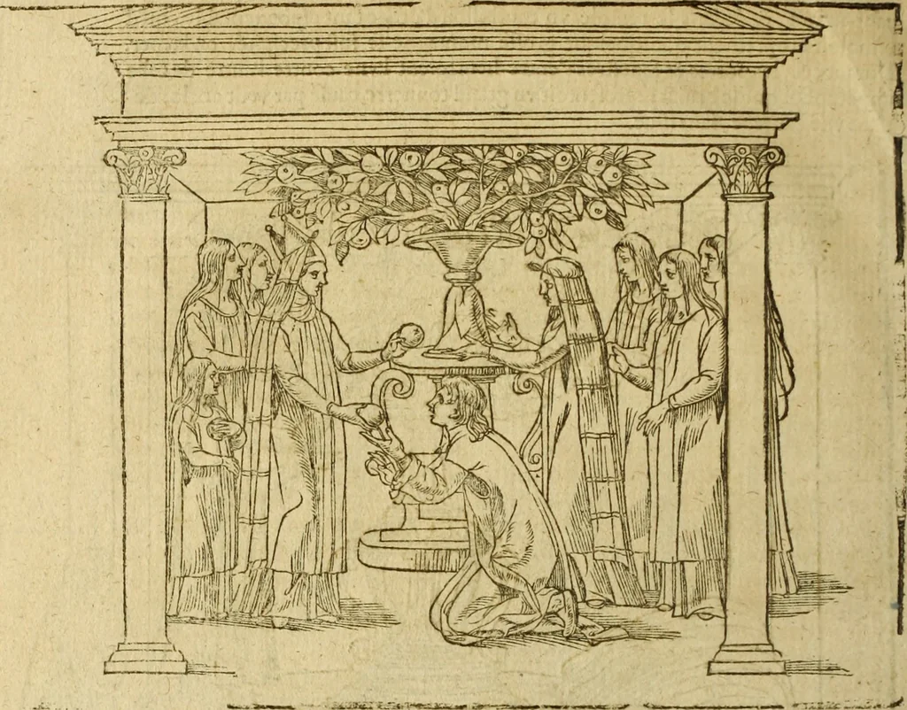 An illustration from Le tableav des riches inventions couuertes de voile des feintes amoureuses, qui sont representees dans le Songe de Poliphile, desvoilees des ombres d Songe & subtilement exposees par Beroalde, 1600, leaf 199