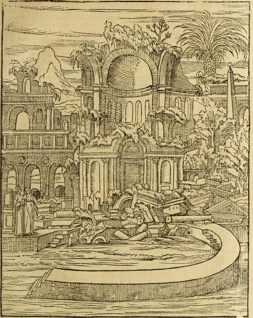 An illustration from Le tableav des riches inventions couuertes de voile des feintes amoureuses, qui sont representees dans le Songe de Poliphile, desvoilees des ombres d Songe & subtilement exposees par Beroalde, 1600, leaf 202
