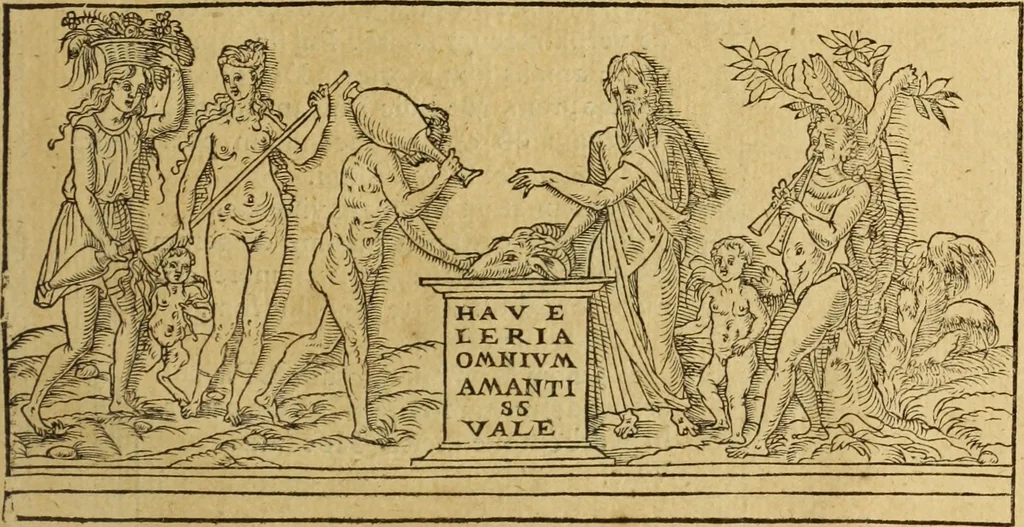An illustration from Le tableav des riches inventions couuertes de voile des feintes amoureuses, qui sont representees dans le Songe de Poliphile, desvoilees des ombres d Songe & subtilement exposees par Beroalde, 1600, leaf 218