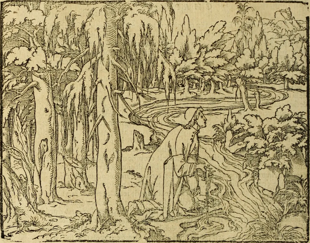 An illustration from Le tableav des riches inventions couuertes de voile des feintes amoureuses, qui sont representees dans le Songe de Poliphile, desvoilees des ombres d Songe & subtilement exposees par Beroalde, 1600, leaf 43