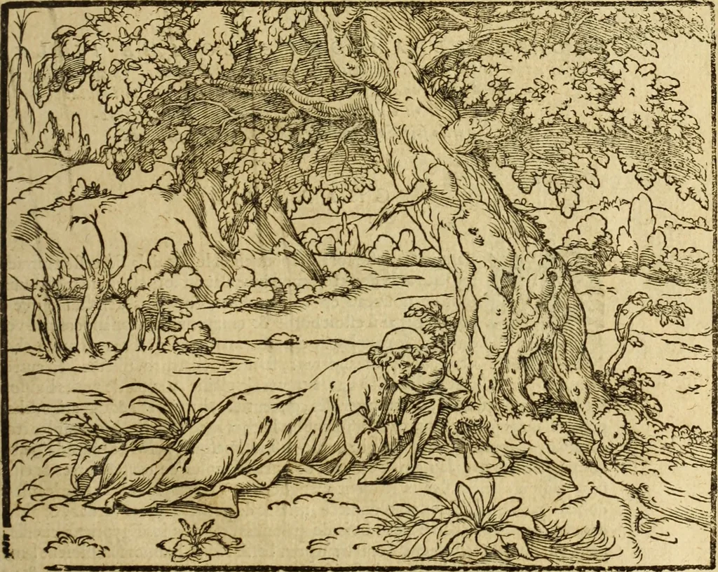 An illustration from Le tableav des riches inventions couuertes de voile des feintes amoureuses, qui sont representees dans le Songe de Poliphile, desvoilees des ombres d Songe & subtilement exposees par Beroalde, 1600, leaf 44