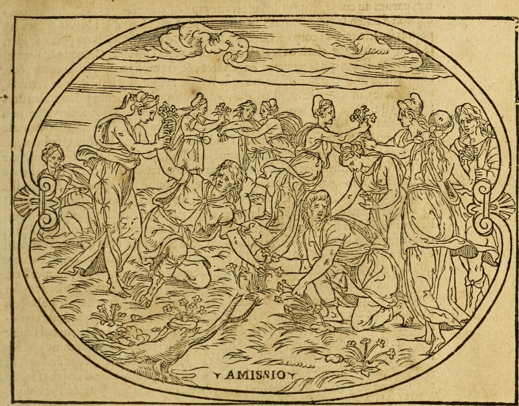 An illustration from Le tableav des riches inventions couuertes de voile des feintes amoureuses, qui sont representees dans le Songe de Poliphile, desvoilees des ombres d Songe & subtilement exposees par Beroalde, 1600, leaf 48
