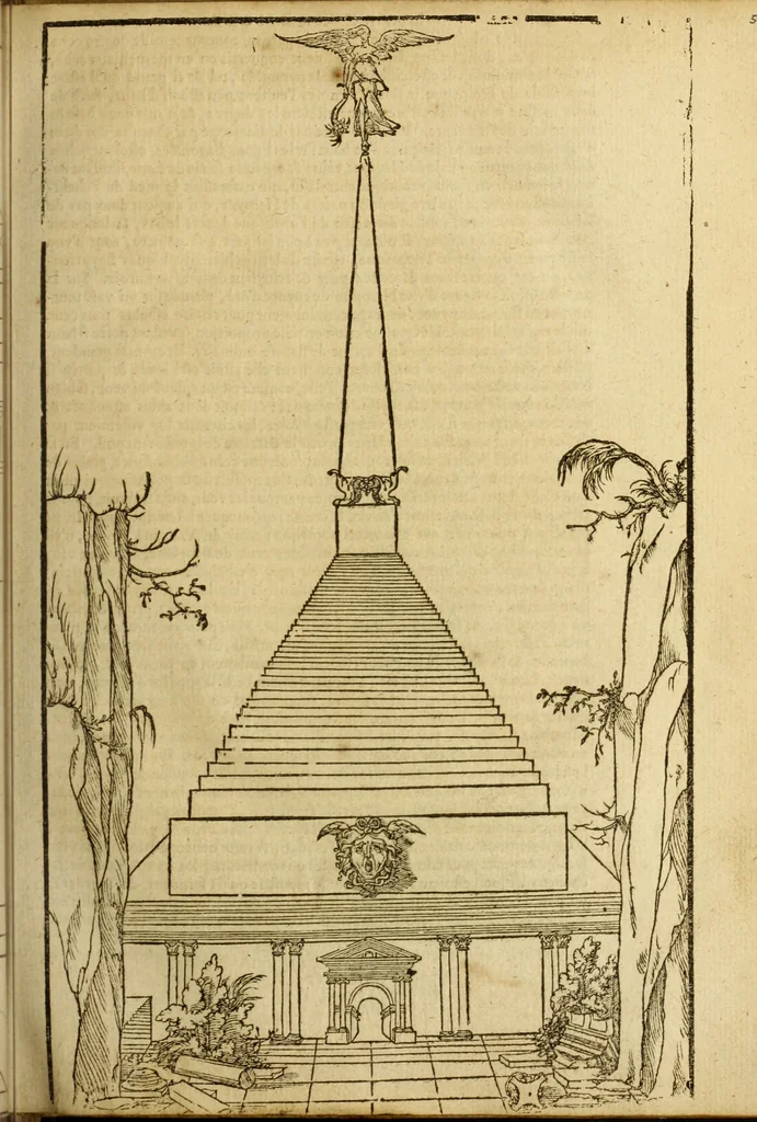 An illustration from Le tableav des riches inventions couuertes de voile des feintes amoureuses, qui sont representees dans le Songe de Poliphile, desvoilees des ombres d Songe & subtilement exposees par Beroalde, 1600, leaf 56