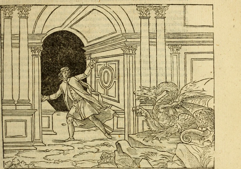 An illustration from Le tableav des riches inventions couuertes de voile des feintes amoureuses, qui sont representees dans le Songe de Poliphile, desvoilees des ombres d Songe & subtilement exposees par Beroalde, 1600, leaf 76