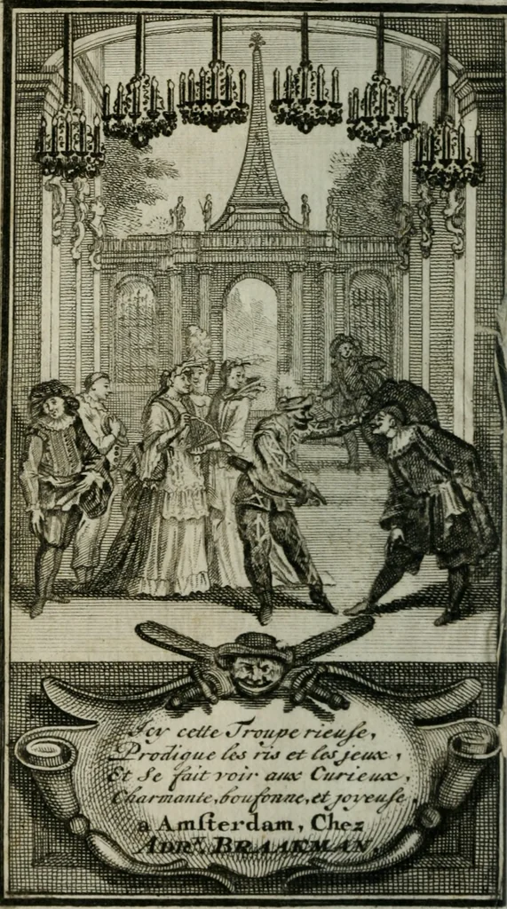 An illustration from Le Théâtre italien, ou, Le recueil de toutes les comédies et scènes françoises, qui ont été jouées sur le Théâtre Italien par la troupe des Comédiens du roy de l'Hotel de Bourgogne à Paris. Suivant la copie de Paris, 1695, leaf 5