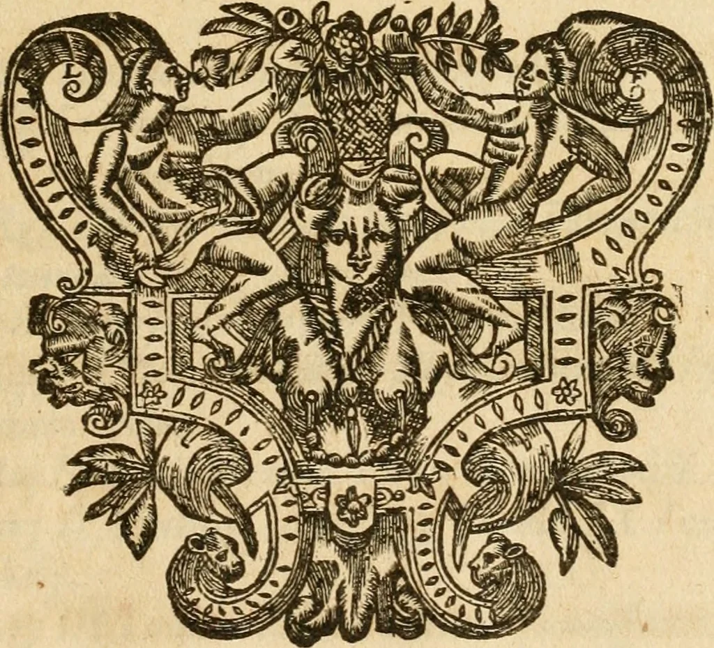 An illustration from Le tresor des merueilles de la maison royale de Fontainebleau : contenant la description de son antiquité, de sa fondation, de ses bastimens, de ses rares peintures, tableaux, emblemes, & deuises : de ses iardins, de ses fontaines, & autres singularitez qui s'y voyent ..., 1642, leaf 14