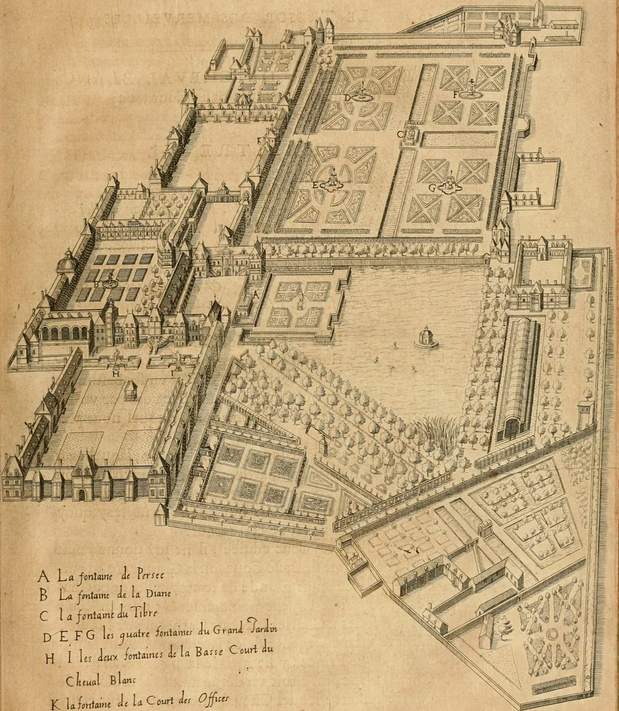An illustration from Le tresor des merueilles de la maison royale de Fontainebleau : contenant la description de son antiquité, de sa fondation, de ses bastimens, de ses rares peintures, tableaux, emblemes, & deuises : de ses iardins, de ses fontaines, & autres singularitez qui s'y voyent ..., 1642, leaf 76
