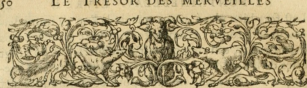 An illustration from Le tresor des merueilles de la maison royale de Fontainebleau : contenant la description de son antiquité, de sa fondation, de ses bastimens, de ses rares peintures, tableaux, emblemes, & deuises : de ses iardins, de ses fontaines, & autres singularitez qui s'y voyent ..., 1642, leaf 97