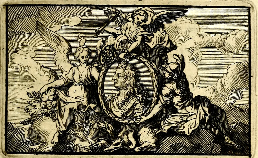 An illustration from Le triomphe de la religion sous Louis le Grand : représenté par des inscriptions & des devises : avec une explication en vers latins & françois, 1687, leaf 10