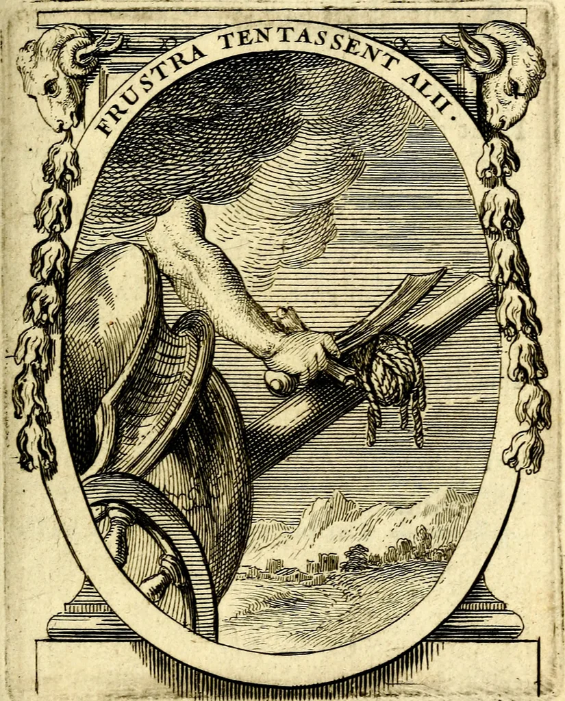 An illustration from Le triomphe de la religion sous Louis le Grand : représenté par des inscriptions & des devises : avec une explication en vers latins & françois, 1687, leaf 110
