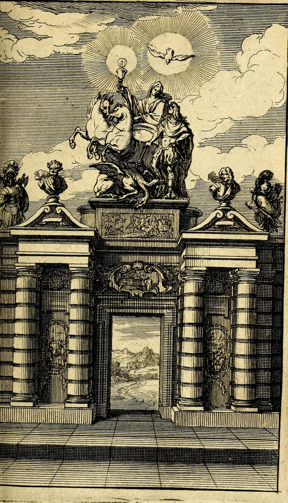 An illustration from Le triomphe de la religion sous Louis le Grand : représenté par des inscriptions & des devises : avec une explication en vers latins & françois, 1687, leaf 6