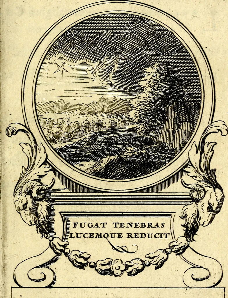 An illustration from Le triomphe de la religion sous Louis le Grand : représenté par des inscriptions & des devises : avec une explication en vers latins & françois, 1687, leaf 80
