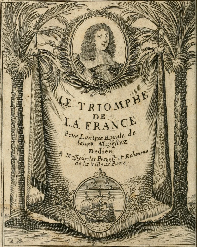 An illustration from Le triomphe de la France sur l'entrée royale de Leurs Maiestez dans leur bonne ville de Paris : avec les discours heroïques sur les vies des roys de France, depuis Pharamond jusqu'à nostre Grand Monarque Louis XIV : ensemble les eloges de la reyne, de la reyne mere, &de Son Eminence : dedié à Messieurs les prevost des marchands, & eschevins de la ville, 1660, leaf 9