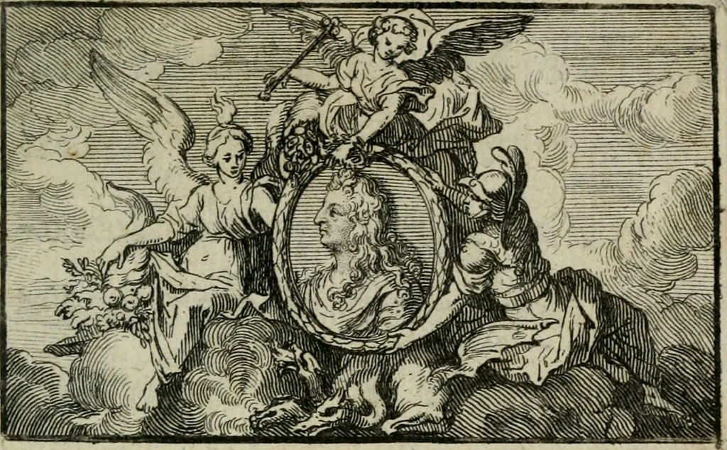 An illustration from Le triomphe de la religion sous Louis le Grand : représenté par des inscriptions & des devises : avec une explication en vers latins & françois, 1687, leaf 10