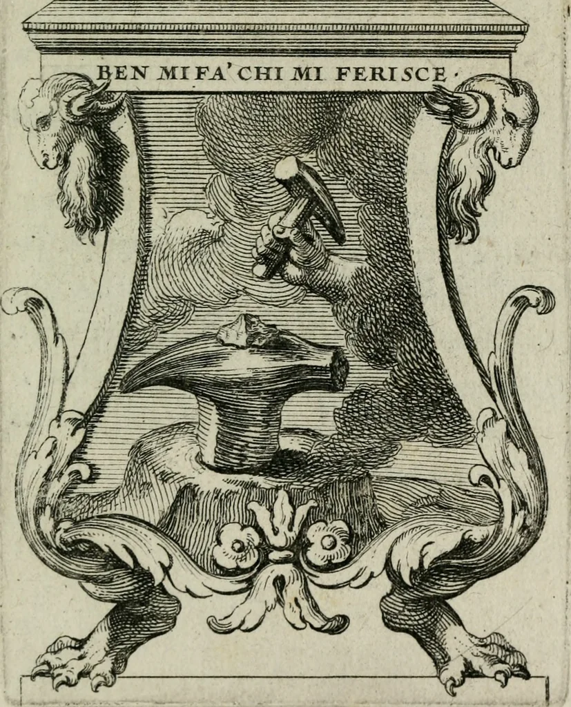 An illustration from Le triomphe de la religion sous Louis le Grand : représenté par des inscriptions & des devises : avec une explication en vers latins & françois, 1687, leaf 106
