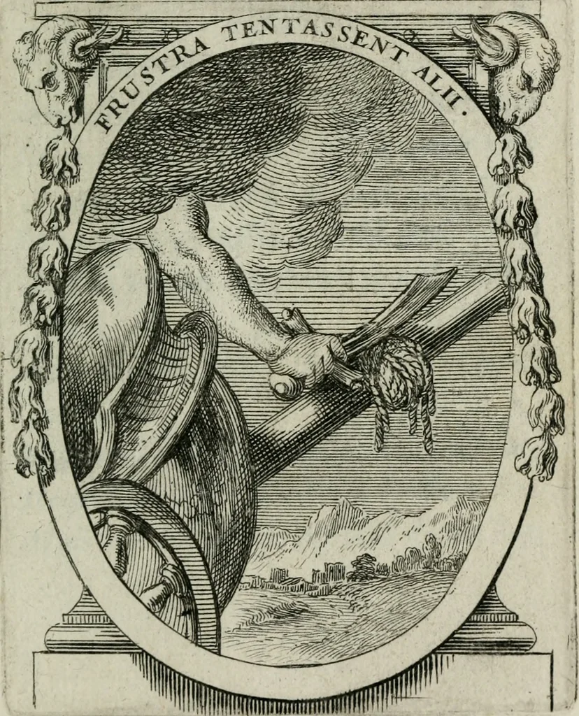 An illustration from Le triomphe de la religion sous Louis le Grand : représenté par des inscriptions & des devises : avec une explication en vers latins & françois, 1687, leaf 112