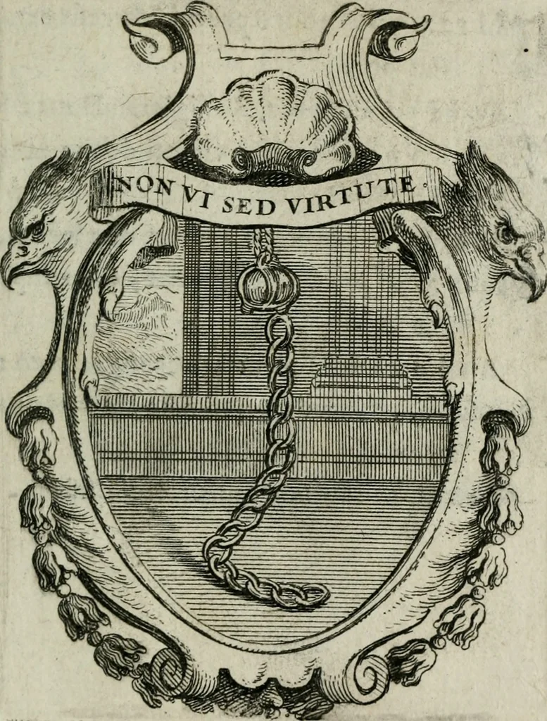 An illustration from Le triomphe de la religion sous Louis le Grand : représenté par des inscriptions & des devises : avec une explication en vers latins & françois, 1687, leaf 122
