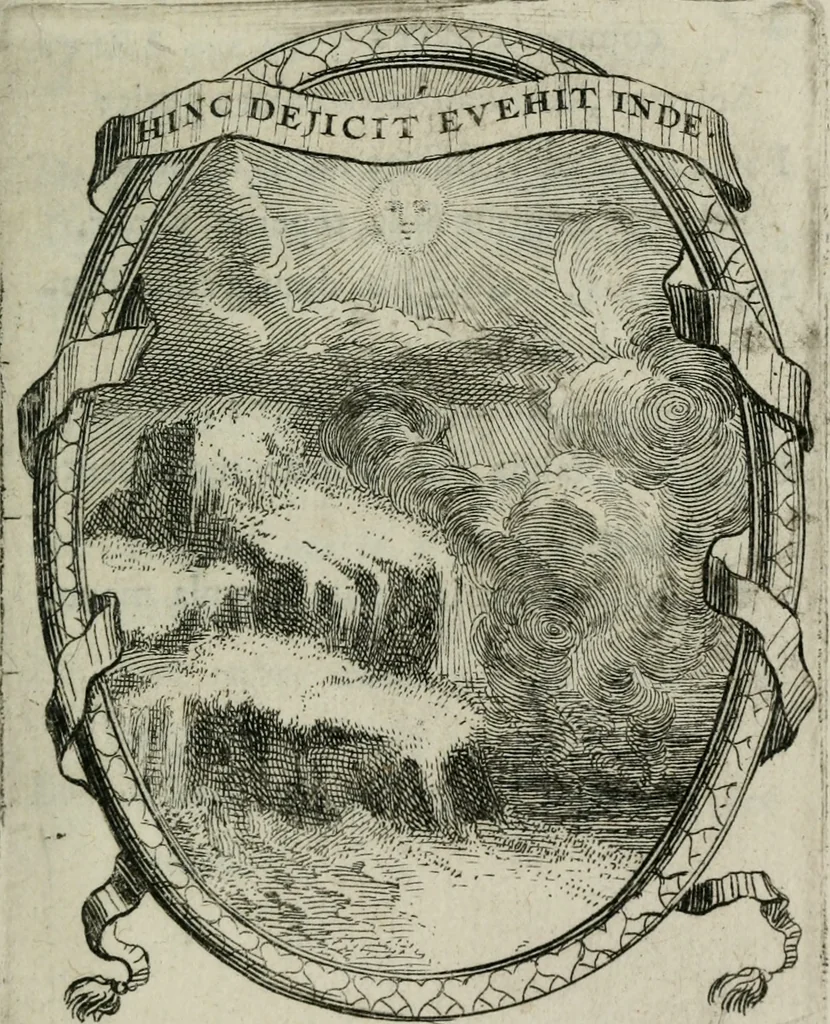 An illustration from Le triomphe de la religion sous Louis le Grand : représenté par des inscriptions & des devises : avec une explication en vers latins & françois, 1687, leaf 56