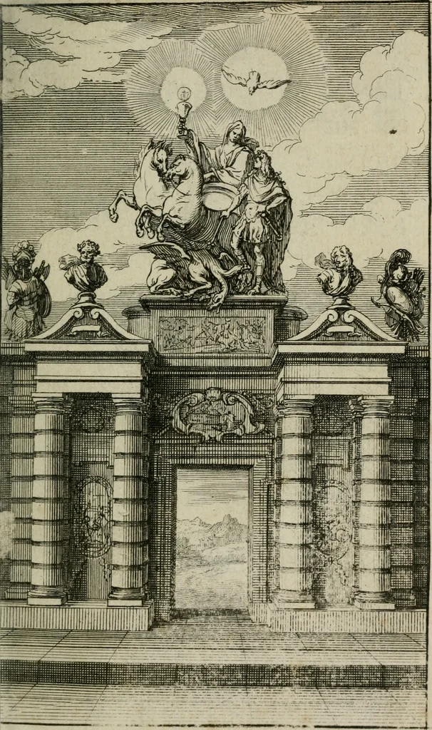 An illustration from Le triomphe de la religion sous Louis le Grand : représenté par des inscriptions & des devises : avec une explication en vers latins & françois, 1687, leaf 6
