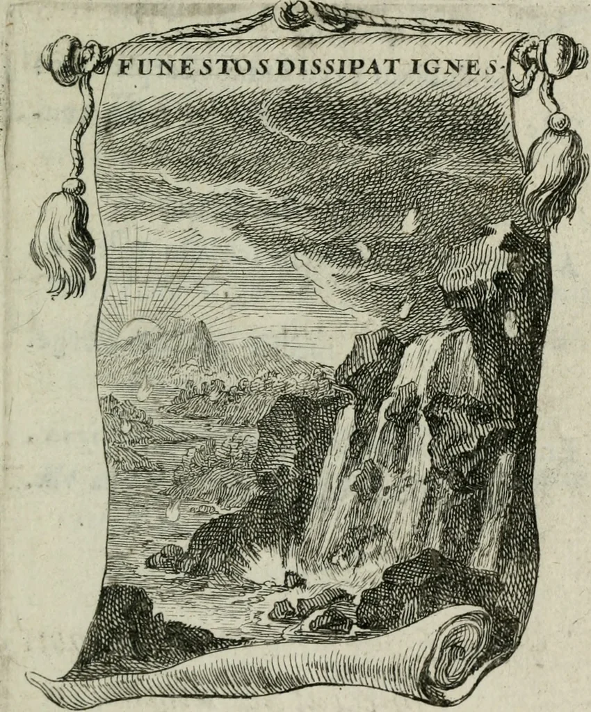 An illustration from Le triomphe de la religion sous Louis le Grand : représenté par des inscriptions & des devises : avec une explication en vers latins & françois, 1687, leaf 66