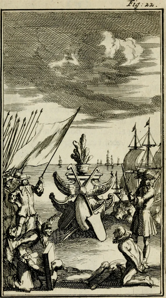 An illustration from Le triomphe royal : où l'on voit dêscrits les arcs de triomphe, piramydes, tablaux, & devises au nombre de 65, erigez à la Haye, à l'honneur de Guillaume III, roy d'Angleterre, Ecosse, France, & Irlande, 1691, leaf 102