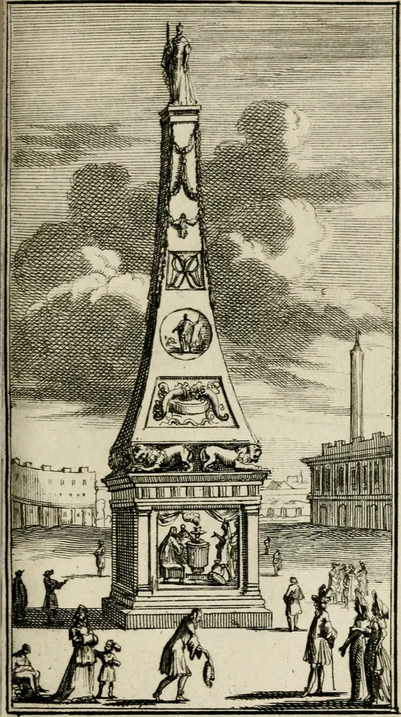 An illustration from Le triomphe royal : où l'on voit dêscrits les arcs de triomphe, piramydes, tablaux, & devises au nombre de 65, erigez à la Haye, à l'honneur de Guillaume III, roy d'Angleterre, Ecosse, France, & Irlande, 1691, leaf 112