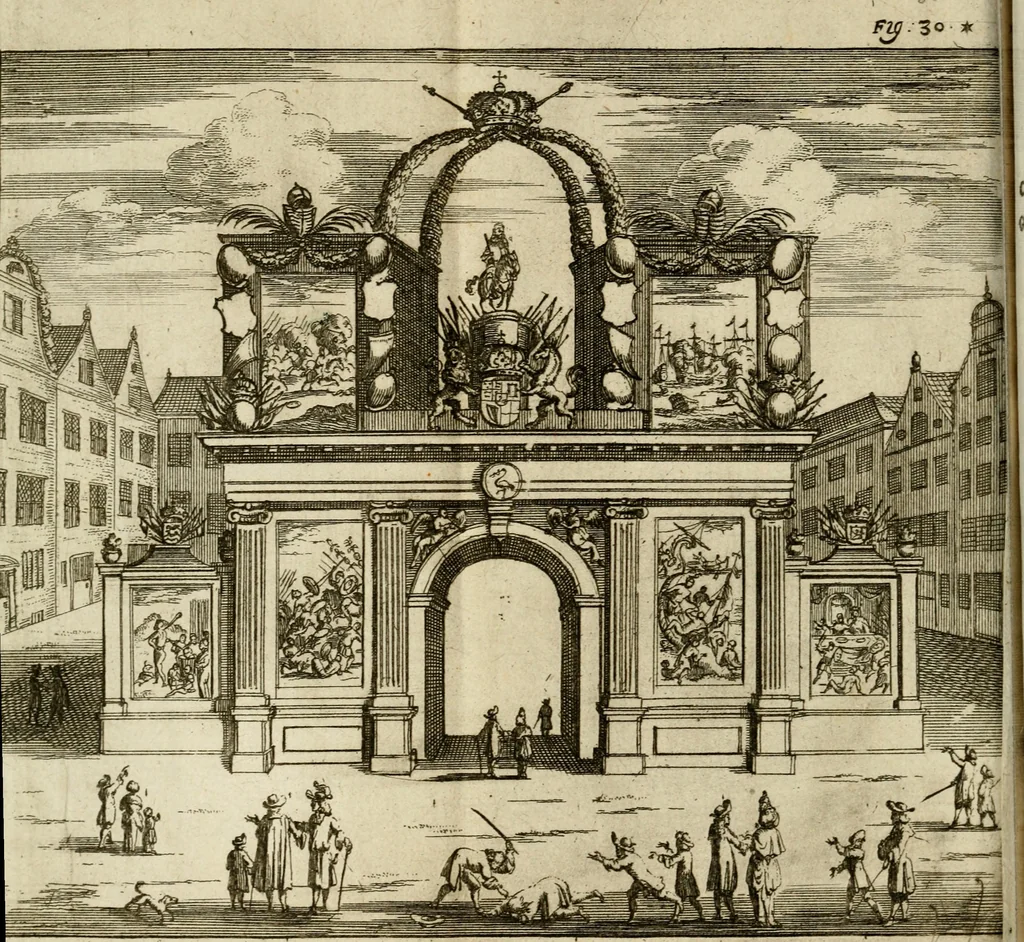 An illustration from Le triomphe royal : où l'on voit dêscrits les arcs de triomphe, piramydes, tablaux, & devises au nombre de 65, erigez à la Haye, à l'honneur de Guillaume III, roy d'Angleterre, Ecosse, France, & Irlande, 1691, leaf 129