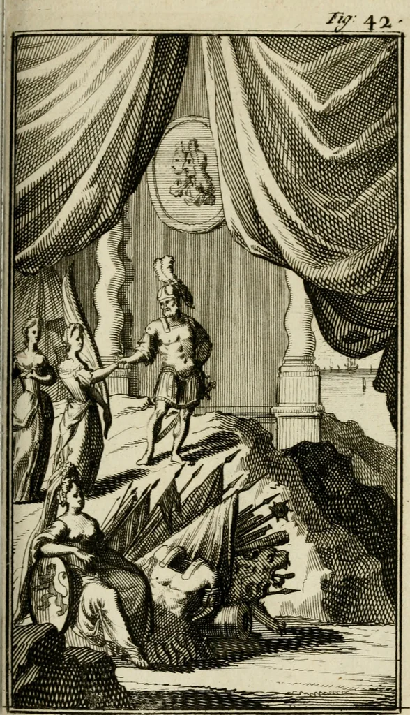 An illustration from Le triomphe royal : où l'on voit dêscrits les arcs de triomphe, piramydes, tablaux, & devises au nombre de 65, erigez à la Haye, à l'honneur de Guillaume III, roy d'Angleterre, Ecosse, France, & Irlande, 1691, leaf 166