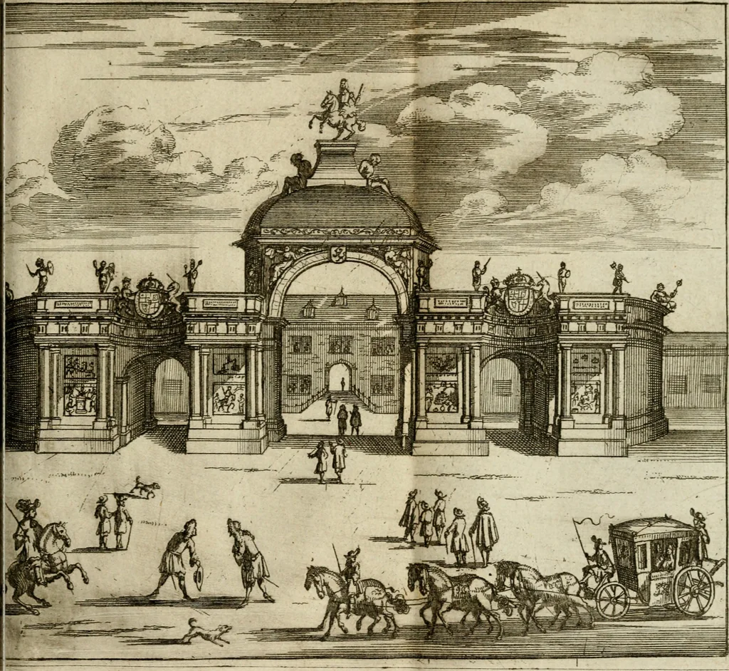 An illustration from Le triomphe royal : où l'on voit dêscrits les arcs de triomphe, piramydes, tablaux, & devises au nombre de 65, erigez à la Haye, à l'honneur de Guillaume III, roy d'Angleterre, Ecosse, France, & Irlande, 1691, leaf 176