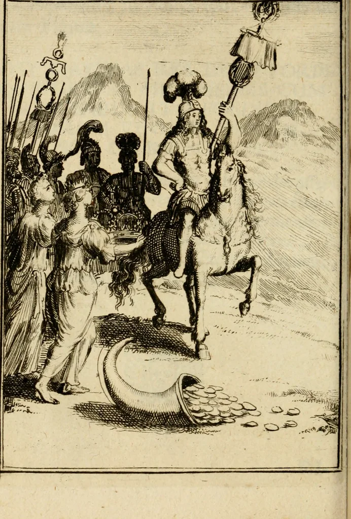 An illustration from Le triomphe royal : où l'on voit dêscrits les arcs de triomphe, piramydes, tablaux, & devises au nombre de 65, erigez à la Haye, à l'honneur de Guillaume III, roy d'Angleterre, Ecosse, France, & Irlande, 1691, leaf 183