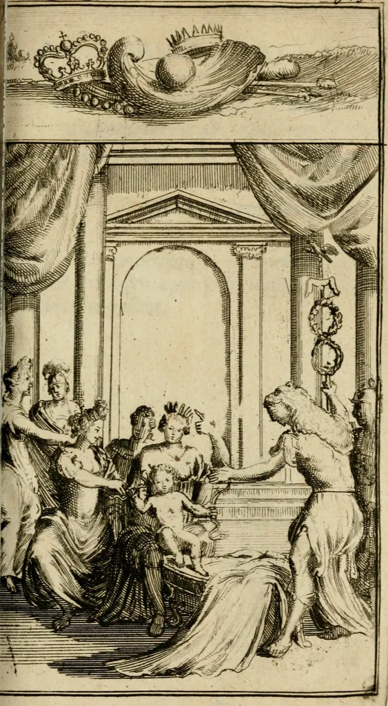 An illustration from Le triomphe royal : où l'on voit dêscrits les arcs de triomphe, piramydes, tablaux, & devises au nombre de 65, erigez à la Haye, à l'honneur de Guillaume III, roy d'Angleterre, Ecosse, France, & Irlande, 1691, leaf 190