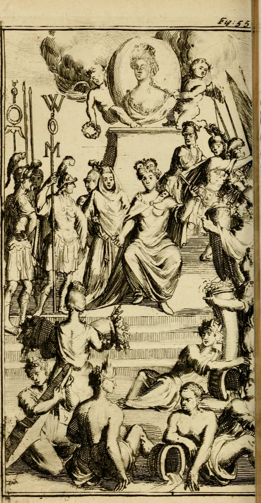 An illustration from Le triomphe royal : où l'on voit dêscrits les arcs de triomphe, piramydes, tablaux, & devises au nombre de 65, erigez à la Haye, à l'honneur de Guillaume III, roy d'Angleterre, Ecosse, France, & Irlande, 1691, leaf 215
