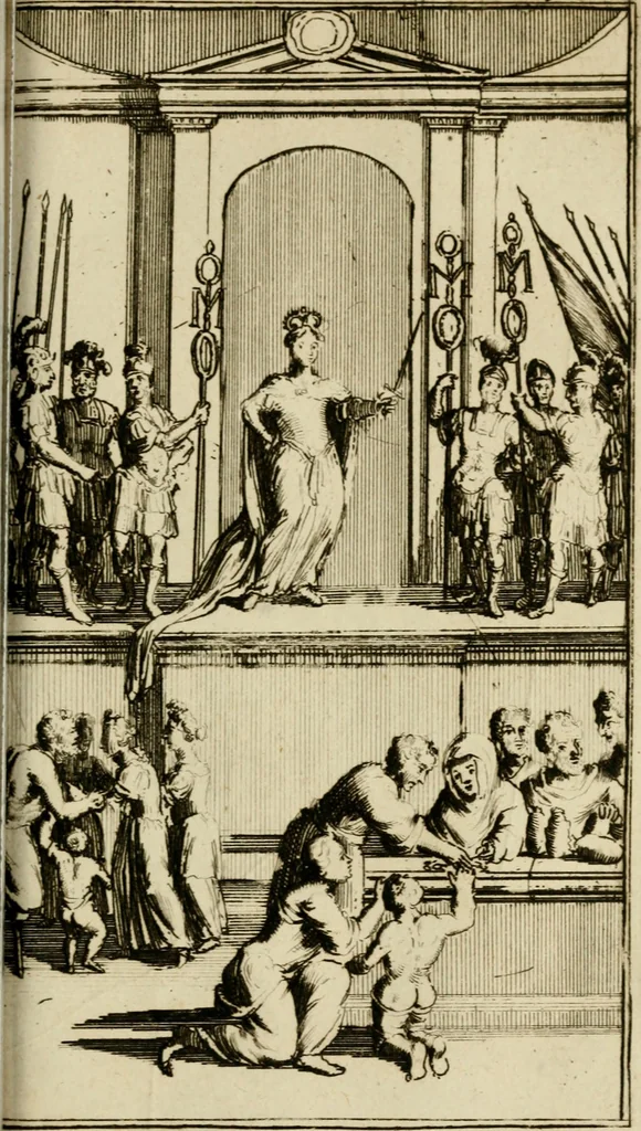 An illustration from Le triomphe royal : où l'on voit dêscrits les arcs de triomphe, piramydes, tablaux, & devises au nombre de 65, erigez à la Haye, à l'honneur de Guillaume III, roy d'Angleterre, Ecosse, France, & Irlande, 1691, leaf 218