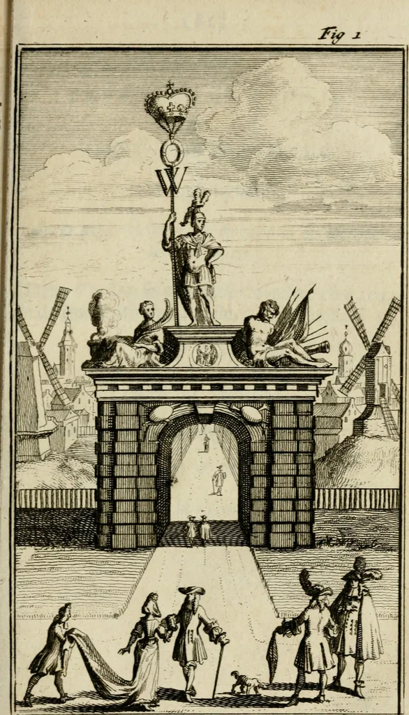 An illustration from Le triomphe royal : où l'on voit dêscrits les arcs de triomphe, piramydes, tablaux, & devises au nombre de 65, erigez à la Haye, à l'honneur de Guillaume III, roy d'Angleterre, Ecosse, France, & Irlande, 1691, leaf 36