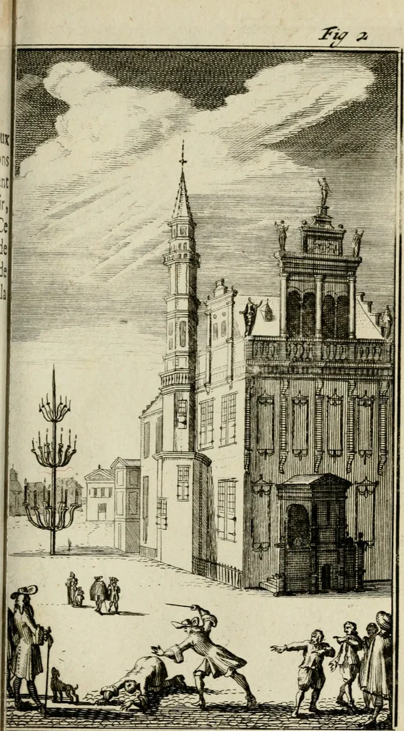 An illustration from Le triomphe royal : où l'on voit dêscrits les arcs de triomphe, piramydes, tablaux, & devises au nombre de 65, erigez à la Haye, à l'honneur de Guillaume III, roy d'Angleterre, Ecosse, France, & Irlande, 1691, leaf 40
