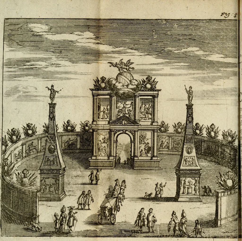 An illustration from Le triomphe royal : où l'on voit dêscrits les arcs de triomphe, piramydes, tablaux, & devises au nombre de 65, erigez à la Haye, à l'honneur de Guillaume III, roy d'Angleterre, Ecosse, France, & Irlande, 1691, leaf 49