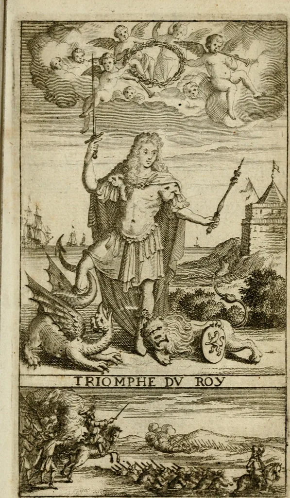 An illustration from Le triomphe royal : où l'on voit dêscrits les arcs de triomphe, piramydes, tablaux, & devises au nombre de 65, erigez à la Haye, à l'honneur de Guillaume III, roy d'Angleterre, Ecosse, France, & Irlande, 1691, leaf 6