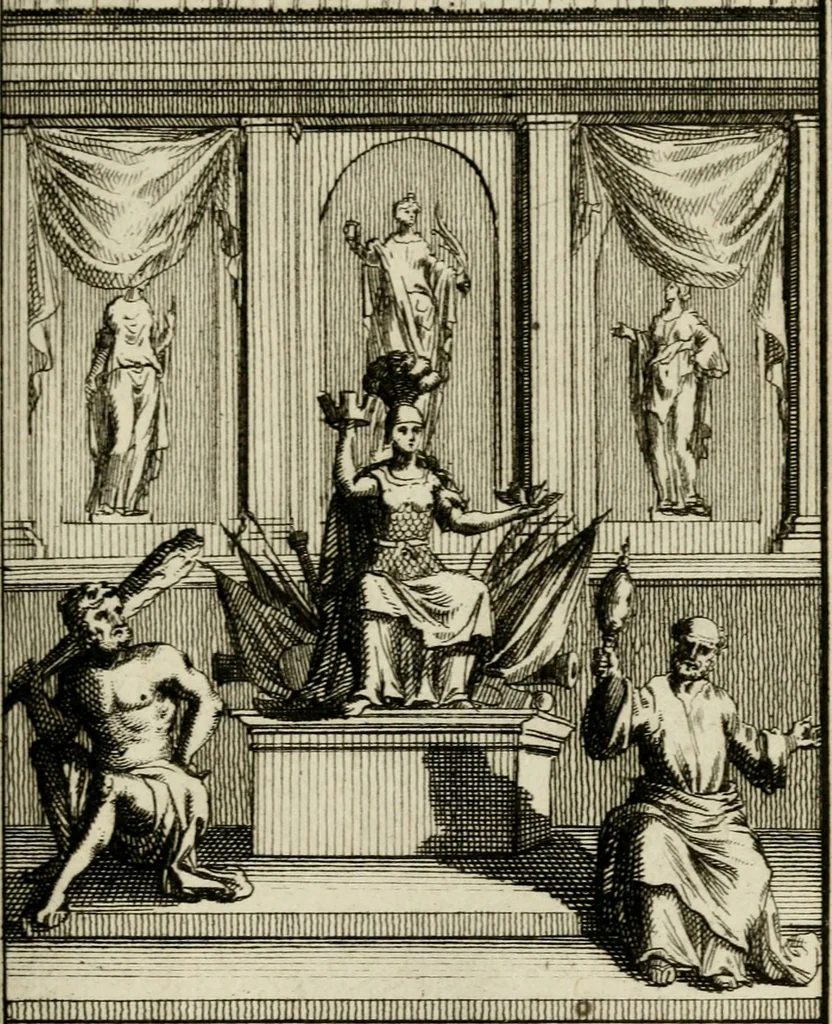 An illustration from Le triomphe royal : où l'on voit dêscrits les arcs de triomphe, piramydes, tablaux, & devises au nombre de 65, erigez à la Haye, à l'honneur de Guillaume III, roy d'Angleterre, Ecosse, France, & Irlande, 1691, leaf 60