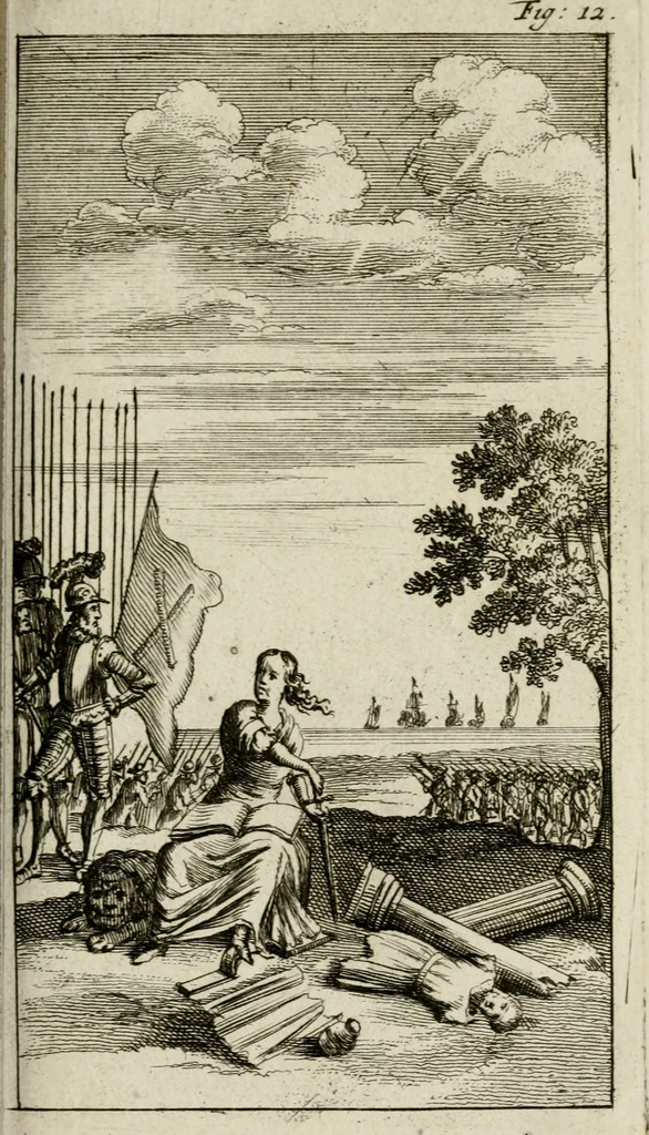 An illustration from Le triomphe royal : où l'on voit dêscrits les arcs de triomphe, piramydes, tablaux, & devises au nombre de 65, erigez à la Haye, à l'honneur de Guillaume III, roy d'Angleterre, Ecosse, France, & Irlande, 1691, leaf 72