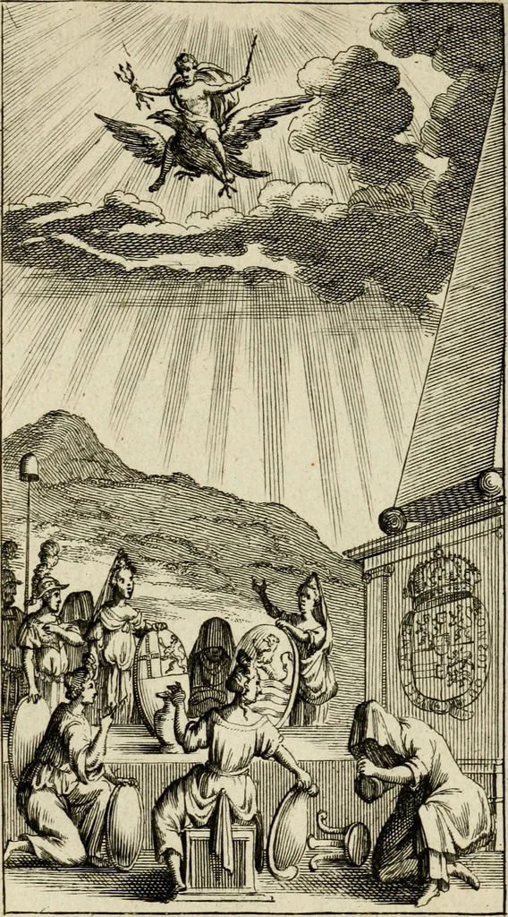 An illustration from Le triomphe royal : où l'on voit dêscrits les arcs de triomphe, piramydes, tablaux, & devises au nombre de 65, erigez à la Haye, à l'honneur de Guillaume III, roy d'Angleterre, Ecosse, France, & Irlande, 1691, leaf 75