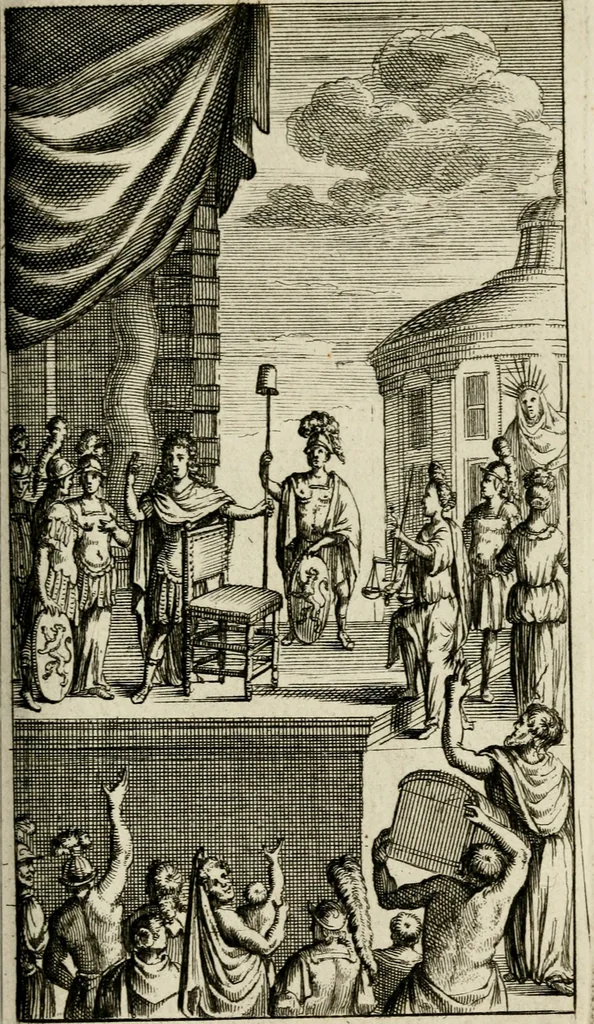 An illustration from Le triomphe royal : où l'on voit dêscrits les arcs de triomphe, piramydes, tablaux, & devises au nombre de 65, erigez à la Haye, à l'honneur de Guillaume III, roy d'Angleterre, Ecosse, France, & Irlande, 1691, leaf 78
