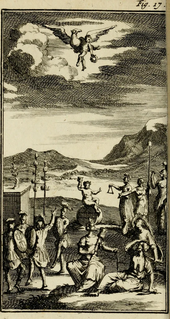 An illustration from Le triomphe royal : où l'on voit dêscrits les arcs de triomphe, piramydes, tablaux, & devises au nombre de 65, erigez à la Haye, à l'honneur de Guillaume III, roy d'Angleterre, Ecosse, France, & Irlande, 1691, leaf 87