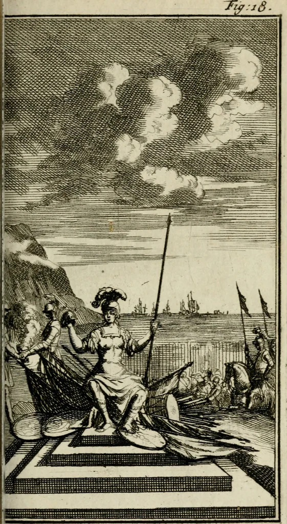 An illustration from Le triomphe royal : où l'on voit dêscrits les arcs de triomphe, piramydes, tablaux, & devises au nombre de 65, erigez à la Haye, à l'honneur de Guillaume III, roy d'Angleterre, Ecosse, France, & Irlande, 1691, leaf 90