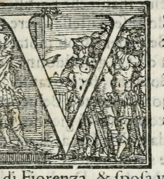 An illustration from Lettera narratoria delle solenni feste, et pompe celebrate in Ferrara nella uenuta dell'eccellentissima signora, la signora Lvcretia de' Medici, moglie dell'illustriss. & eccell. sig. il signor duca Alfonso II. di Ferrara : nella quale narra le giostre, i tornei, le pompe, liuree, & imprese de i prencipi cauallieri, che co[m]paruero alla lizza ; et narra ancora gli archi triomphali, i motti delle statue, le comedie recitate, & i banchetti fatti da diuersi illustri signori cosa verame[n]te mirabile, & degna d'esser veduta, 1560, leaf 7