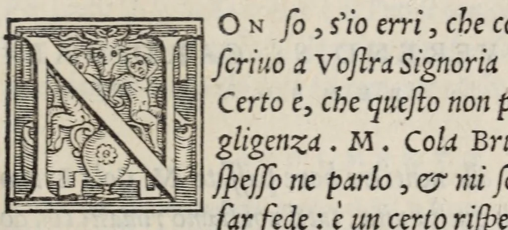 An illustration from Lettere di diversi eccellentiss. hvomini : raccolte da diversi libri : tra le qvali se ne leggono molte, non piv stampate : con gli argomenti per ciascvna delle materie, di che elle trattano : e nel fine annotationi e tauole delle cose piu notabili a utile de gli studiosi, 1554, leaf 149