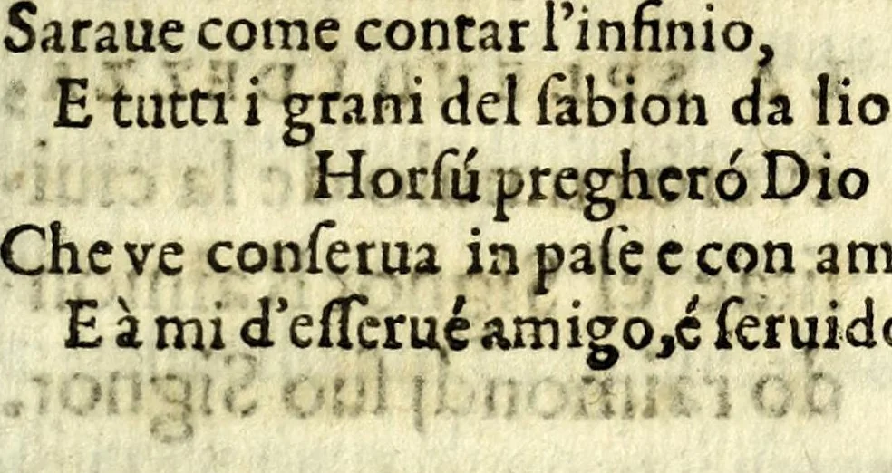 An illustration from Lettere facete, e chiribizzose in lengua antiga, venitiana, et vna à la gratiana, con alguni sonetti, é canzoni piaseuoli venitiani, é toscani enel fin trenta villanelle a diuersi signori é do[n]ne lucchesi et altri, 1588, leaf 143