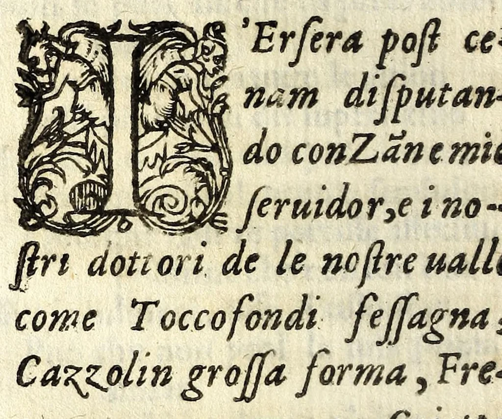 An illustration from Lettere facete, e chiribizzose in lengua antiga, venitiana, et vna à la gratiana, con alguni sonetti, é canzoni piaseuoli venitiani, é toscani enel fin trenta villanelle a diuersi signori é do[n]ne lucchesi et altri, 1588, leaf 144
