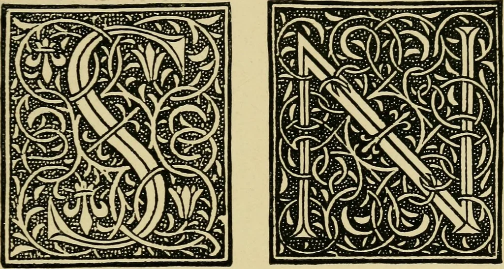 An illustration from Lettering in ornament; an enquiry into the decorative use of lettering, past, present, and possible, 1902, leaf 214