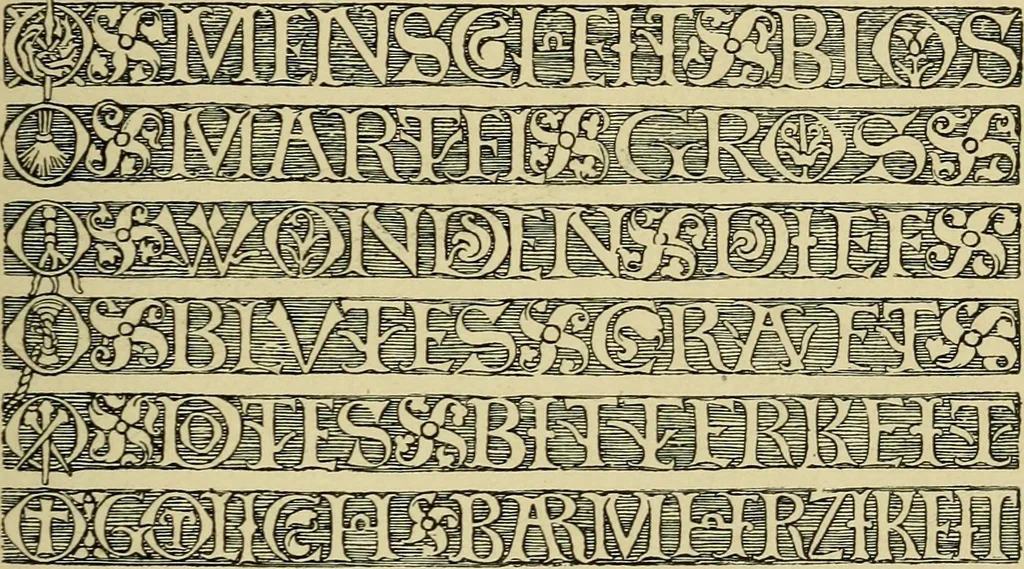 An illustration from Lettering in ornament; an enquiry into the decorative use of lettering, past, present, and possible, 1902, leaf 76